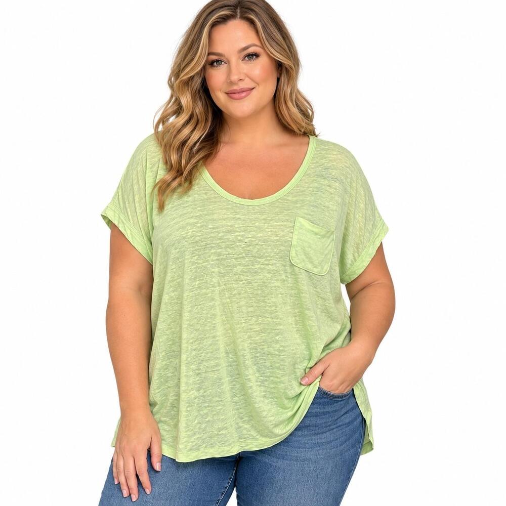 LOFT Shirt Womens XL Green Linen Scoop Neck Short Dolman Sleeve Pocket Top